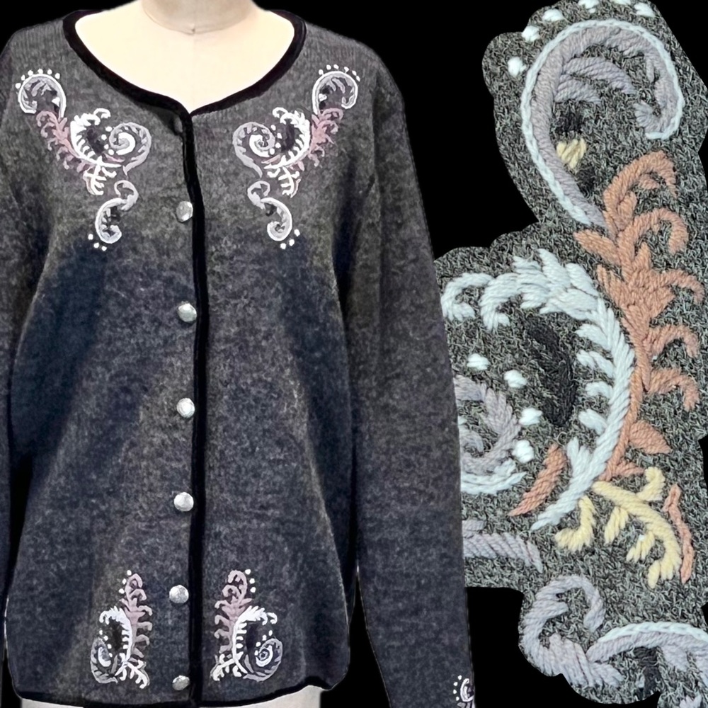 Earthy fern embroidered sweater cardigan button front floral fairycore fairy